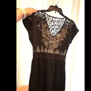 Black, Lace-shoulder short sleeve skater dress from Vanity. Size large